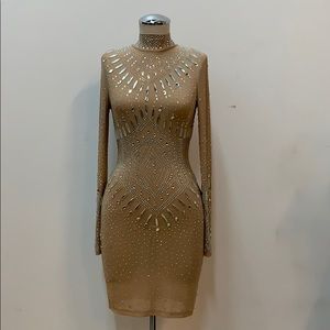 Gorgeous Beaded Long Sleeve Nude Dress